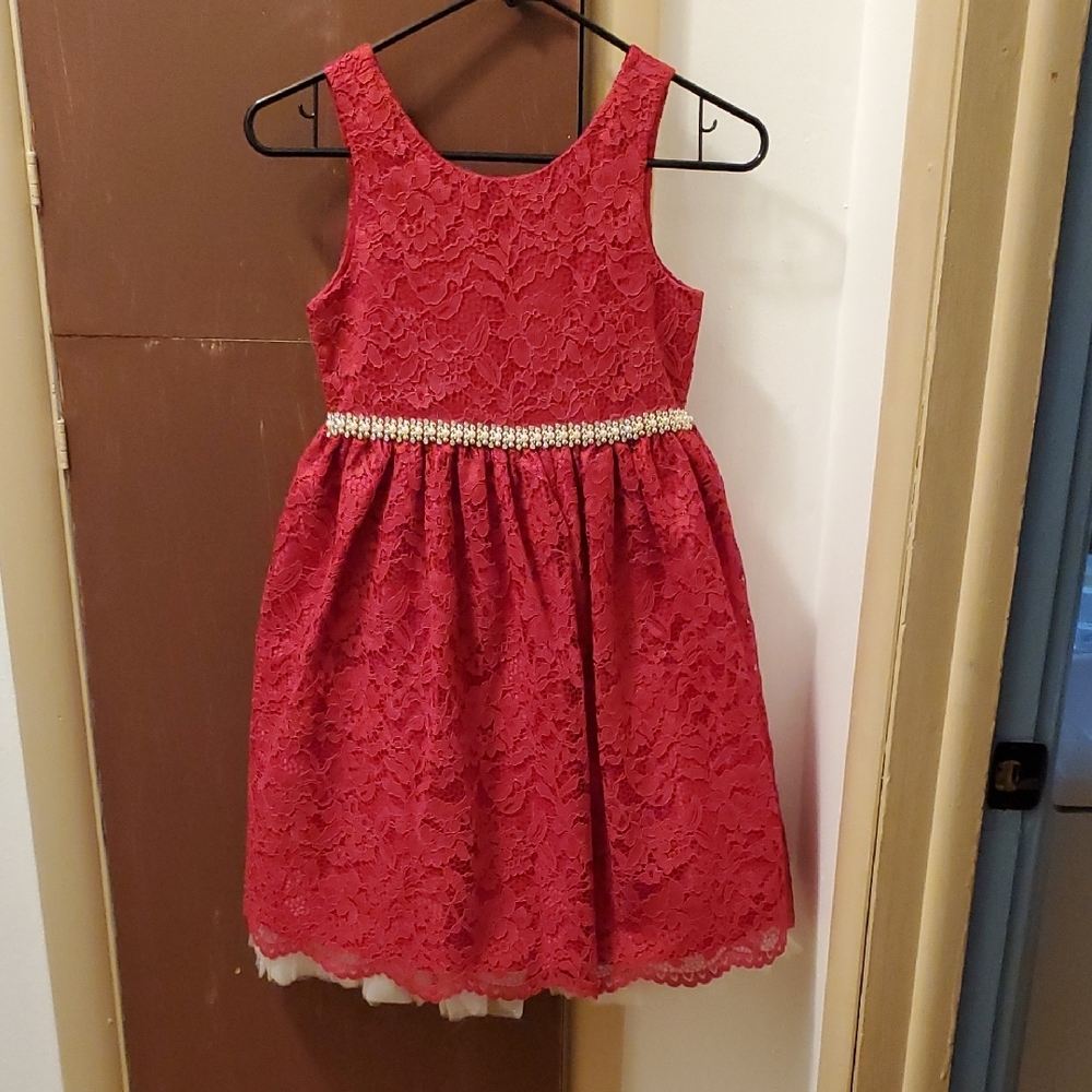 American Princess Red Lace Dress with Gold Accent